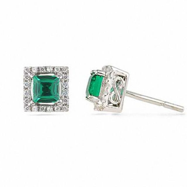 Princess-Cut Lab-Created Emerald and 1/10 CT. T.W Diamond Earrings in 10K White Gold