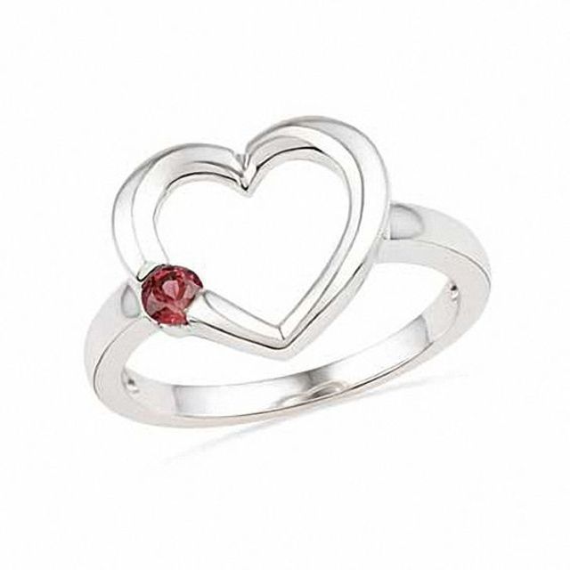 Garnet Solitaire Heart Outline Ring in Sterling Silver