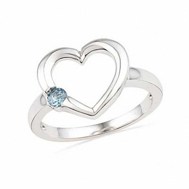 Aquamarine Solitaire Heart Outline Ring in Sterling Silver