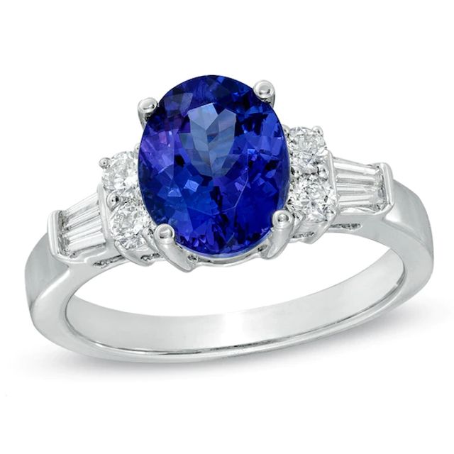 Certified Oval Tanzanite and 1/2 CT. T.w. Certified Diamond Engagement Ring in 14K White Gold