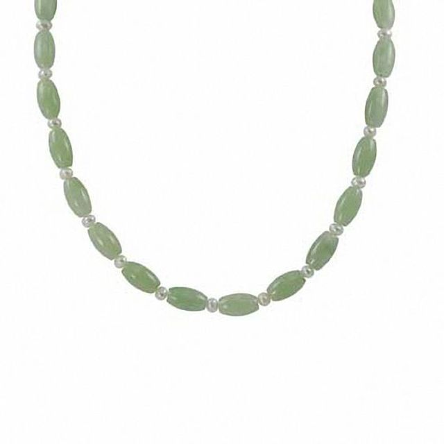 Oval Jade and 4.0-4.5mm Freshwater Cultured Pearl Necklace with Sterling Silver Clasp