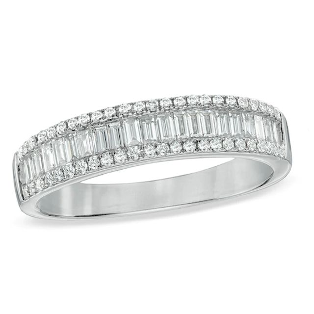 1/2 CT. T.w. Baguette and Round Diamond Edge Band in 10K White Gold