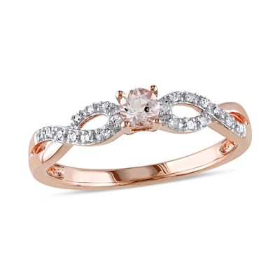 3.5mm Morganite and 1/20 CT. T.w. Diamond Twine Promise Ring Rose Rhodium Sterling Silver