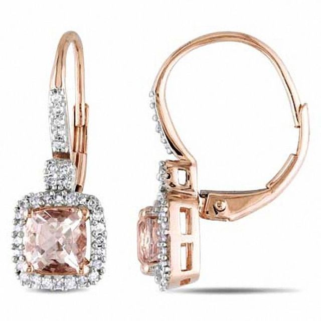 5.0mm Cushion-Cut Morganite and 1/5 CT. T.w. Diamond Earrings in 10K Rose Gold