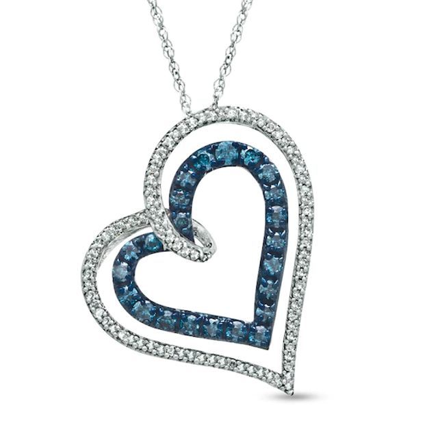 1/2 CT. T.w. Enhanced Blue and White Diamond Tilted Heart Pendant in 10K White Gold