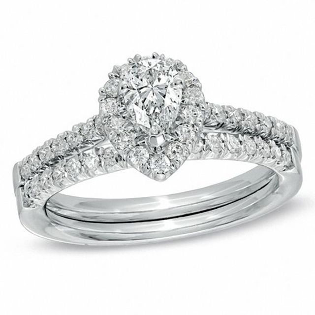 3/4 CT. T.w. Pear-Shaped Diamond Frame Bridal Set in 14K White Gold