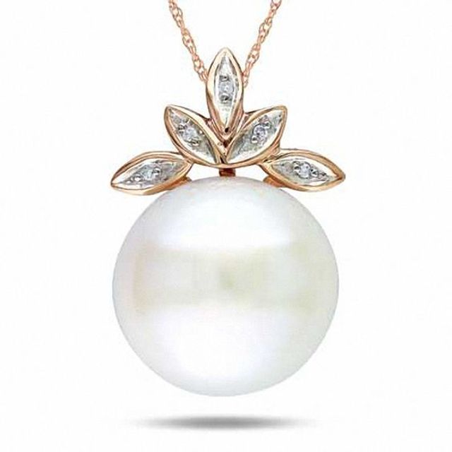 11.5-12.0mm Freshwater Cultured Pearl and Diamond Accent Pendant in 10K Rose Gold-17"
