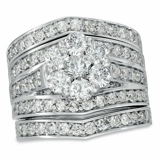 3 CT. T.w. Diamond Cluster Multi-Row Three Piece Bridal Set in 14K White Gold