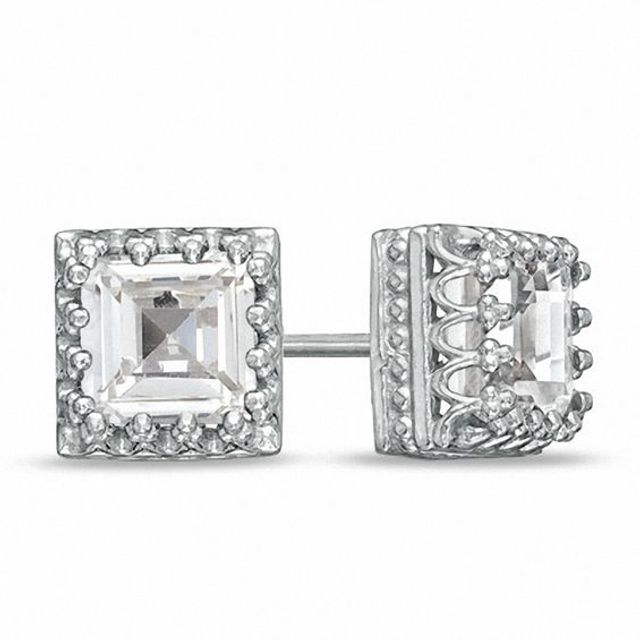 6.0mm Princess-Cut Lab-Created White Sapphire Crown Earrings in Sterling Silver