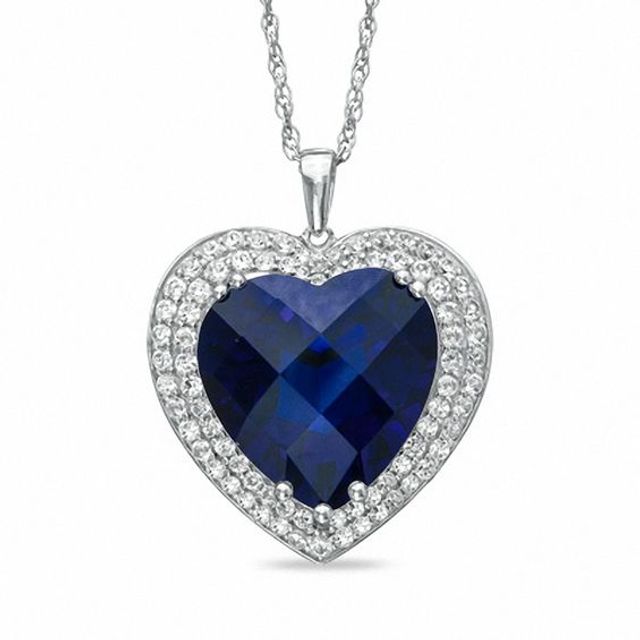 14.0mm Heart-Shaped Lab-Created Blue and White Sapphire Heart Pendant in Sterling Silver