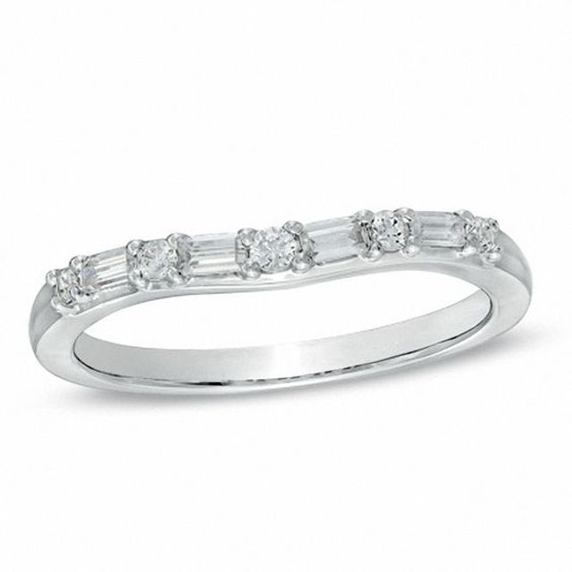 1/4 CT. T.w. Baguette and Round Diamond Alternating Contour Wedding Band in 14K White Gold