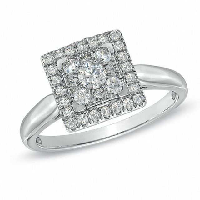 1/2 CT. T.w. Diamond Cluster Square Frame Engagement Ring in 14K White Gold