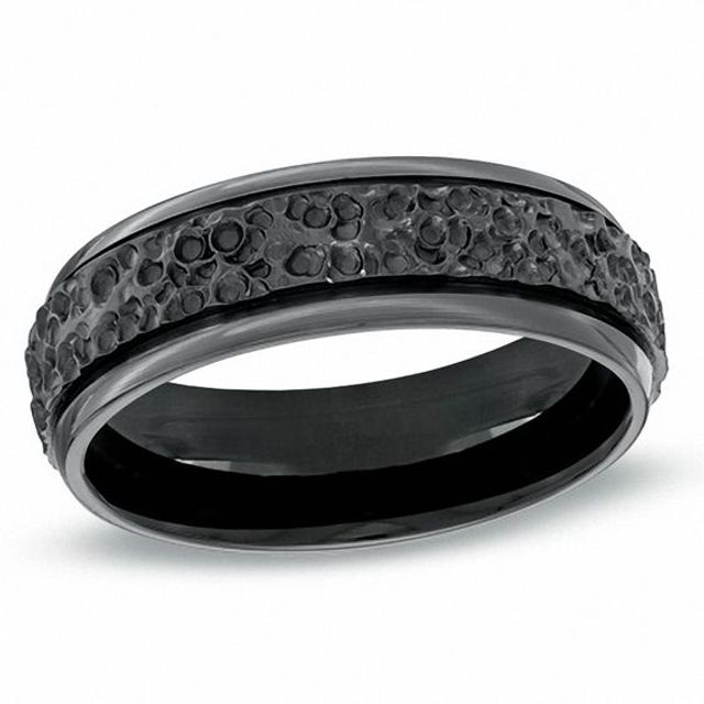 Men's 7.0mm Black Titanium Comfort Fit Hammered Wedding Band - Size 10