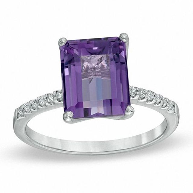 Emerald-Cut Amethyst and 1/10 CT. T.w. Diamond Ring in 10K White Gold