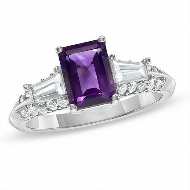 Emerald-Cut Amethyst and Lab-Created White Sapphire Ring in 10K White Gold