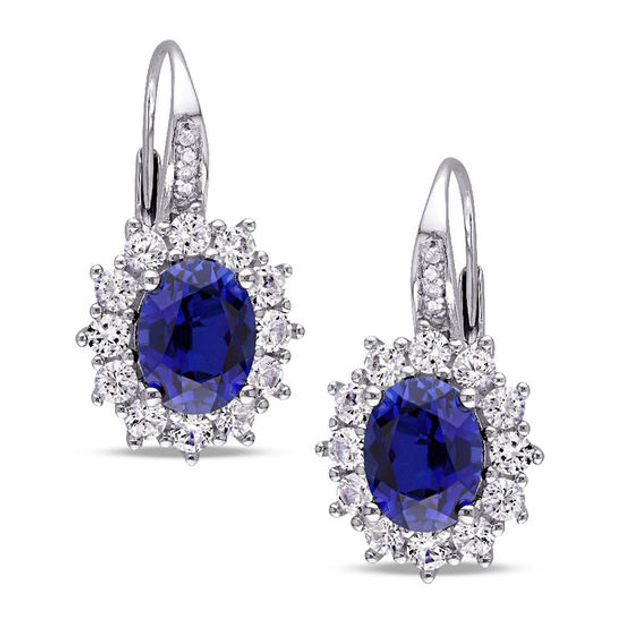 Oval Lab-Created Blue and White Sapphire with Diamond Accent Earrings in Sterling Silver