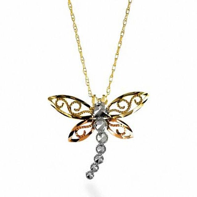 Diamond-Cut Beaded Filigree Dragonfly Pendant in 10K Tri-Tone Gold
