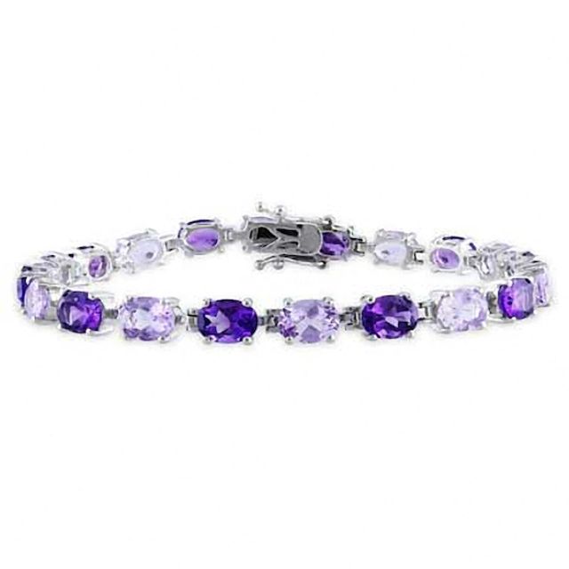 Oval-Shaped Alternating Amethyst Bracelet in Sterling Silver - 7.25"