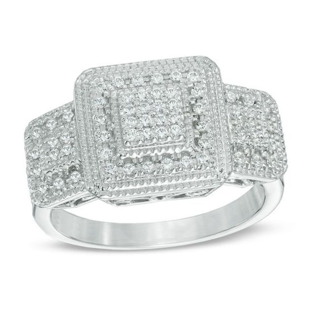 1/3 CT. T.w. Princess-Cut Composite Diamond Frame Three Stone Ring in Sterling Silver