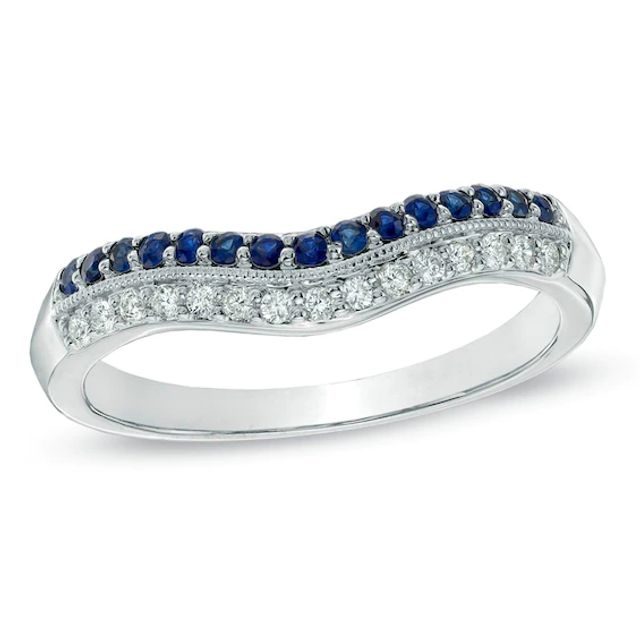 1/10 CT. T.w. Diamond and Blue Sapphire Vintage-Style Contour Wedding Band in 14K White Gold