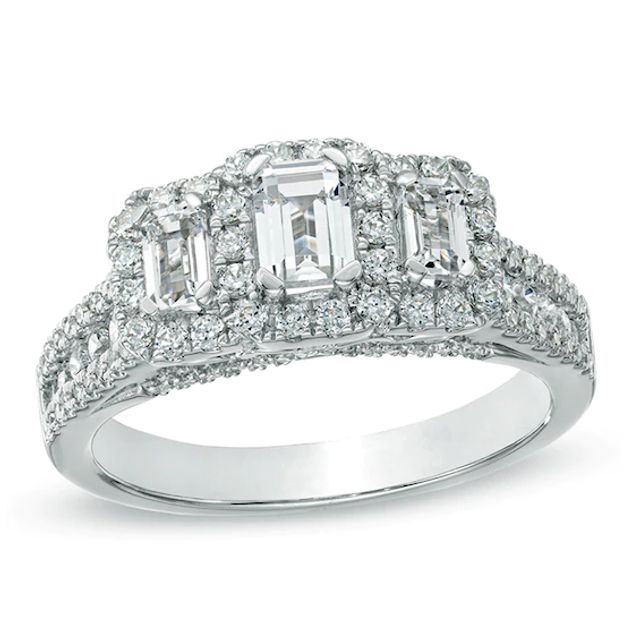 1-1/2 CT. T.w. Certified Emerald-Cut Diamond Three Stone Frame Ring in 14K White Gold (I/I1)