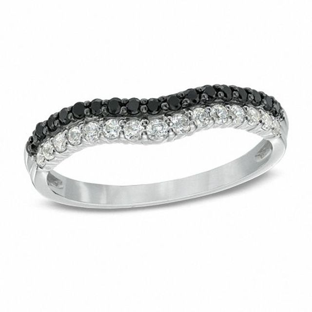 3/8 CT. T.w. Enhanced Black and White Diamond Double Row Contour Wedding Band in 14K White Gold