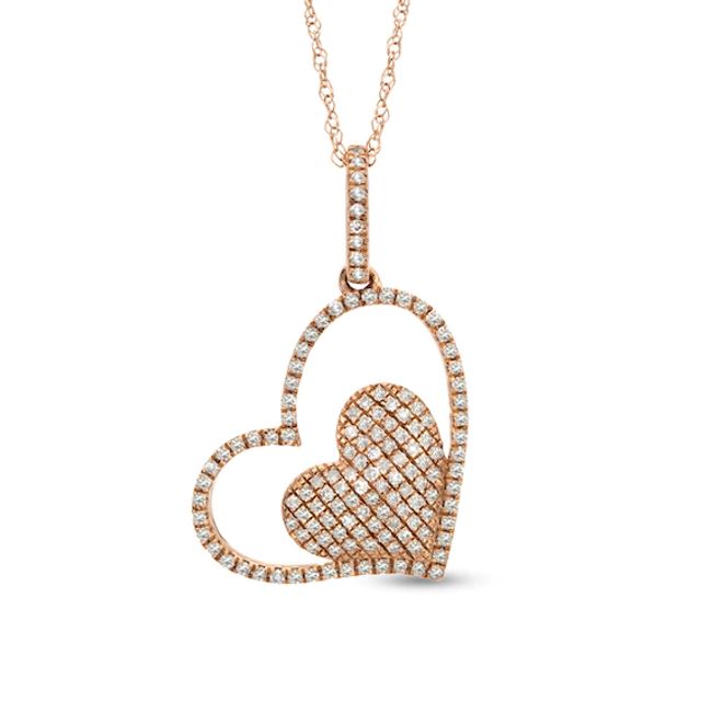 1/3 CT. T.w. Diamond Tilted Double Heart Pendant in 10K Rose Gold