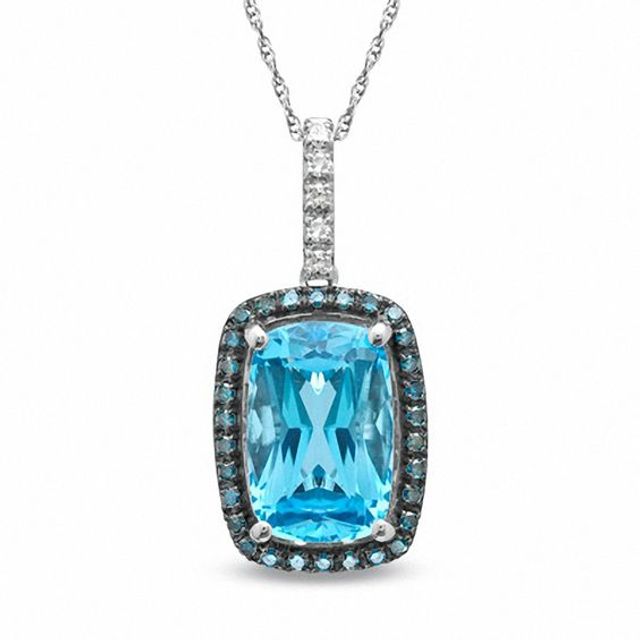 Cushion-Cut Swiss Blue Topaz and 1/5 CT. T.w. Enhanced Blue and White Diamond Pendant in 10K White Gold