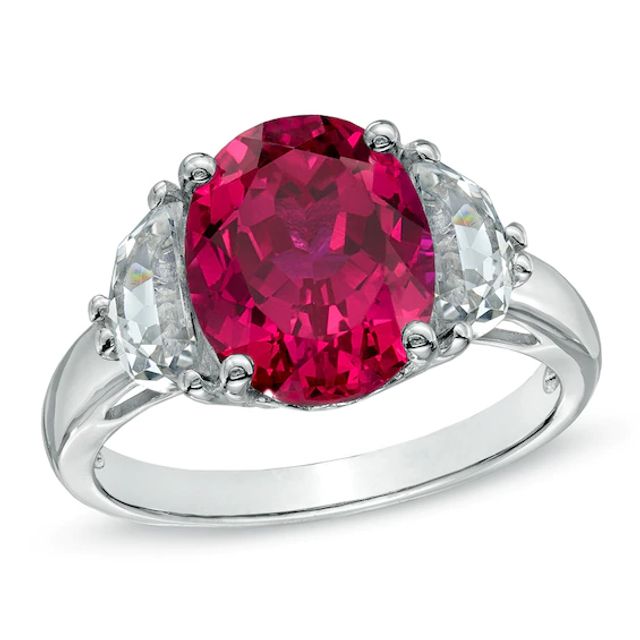 Oval Lab-Created Ruby and White Sapphire Three Stone Ring in 10K White Gold