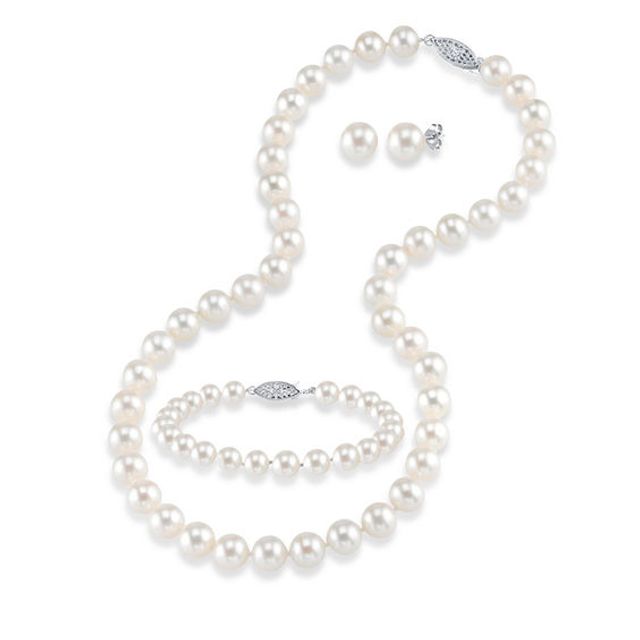8.0-9.0mm Freshwater Cultured Pearl Necklace, Bracelet and Earrings Set in 14K White Gold-17"