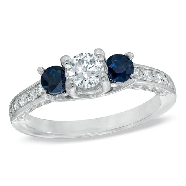 1/2 CT. T.w. Diamond and Blue Sapphire Three Stone Engagement Ring in 14K White Gold