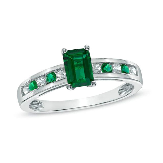 Emerald-Cut Emerald and White Sapphire Ring in 10K White Gold