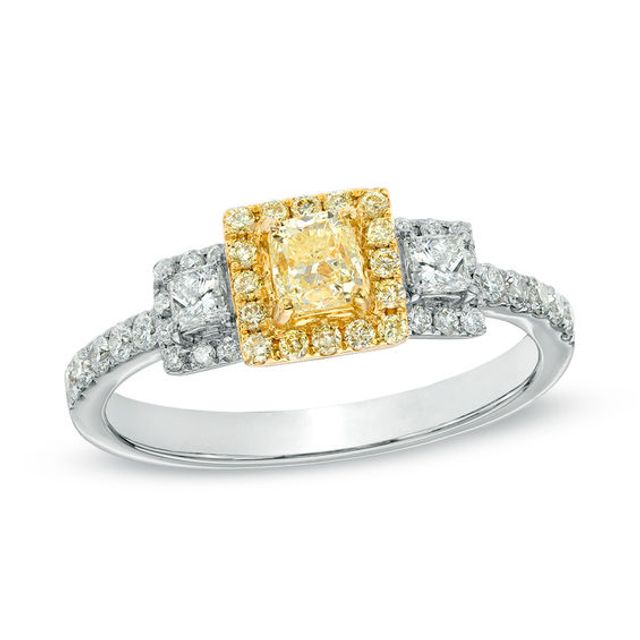 7/8 CT. T.w. Certified Yellow and White Diamond Three Stone Frame Ring in 14K Two-Tone Gold (Si2)