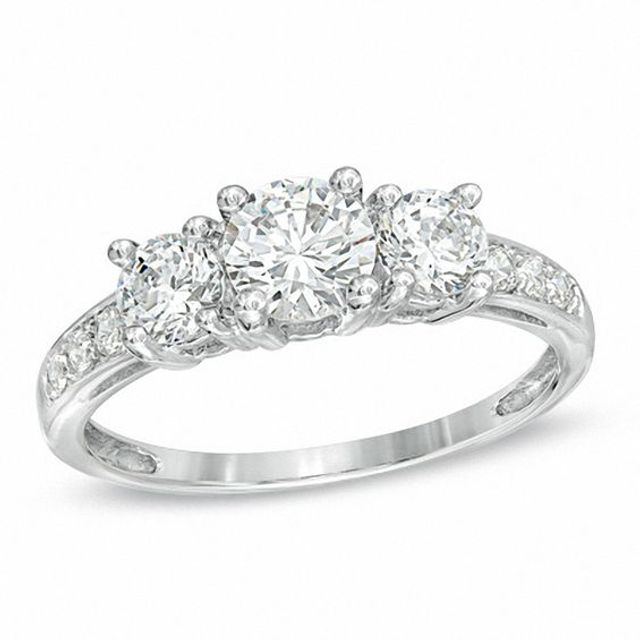 Lab-Created White Sapphire Three Stone Ring in 10K White Gold