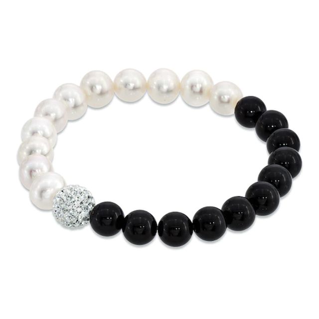 8.0-9.0mm Freshwater Cultured Pearl, Onyx and Crystal Bead Bracelet-7.25"