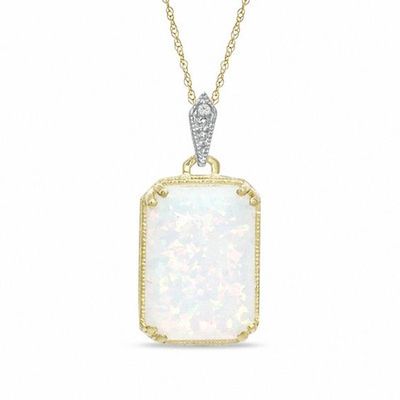 Rectangular Lab-Created Opal and Diamond Accent Pendant in 10K Gold