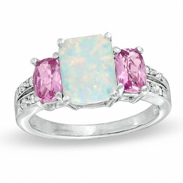 Cushion-Cut Lab-Created Opal, Pink Sapphire and Diamond Accent Ring in 10K White Gold