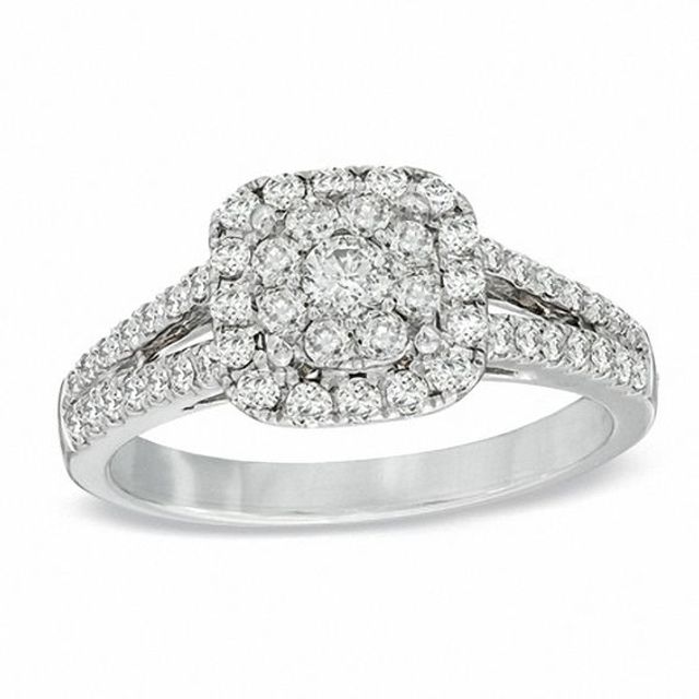 3/4 CT. T.w. Diamond Cluster Split Shank Engagement Ring in 14K White Gold