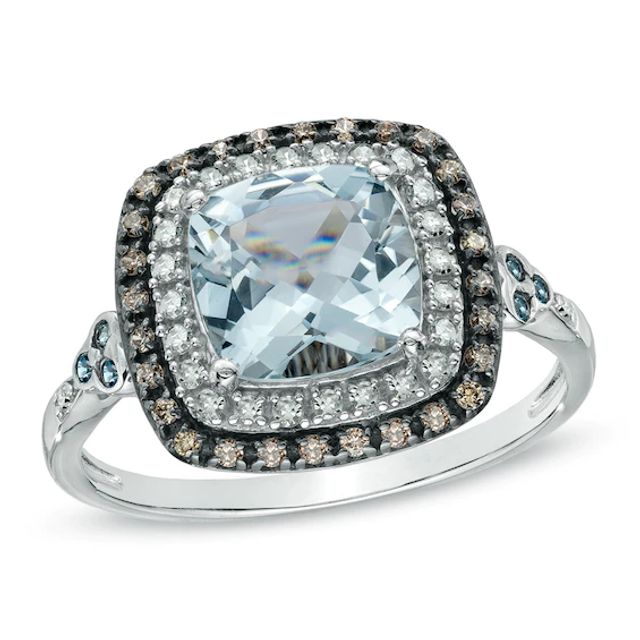 Aquamarine, London Blue Topaz and 1/5 CT. T.w. Enhanced Champagne and White Diamond Ring in 10K White Gold
