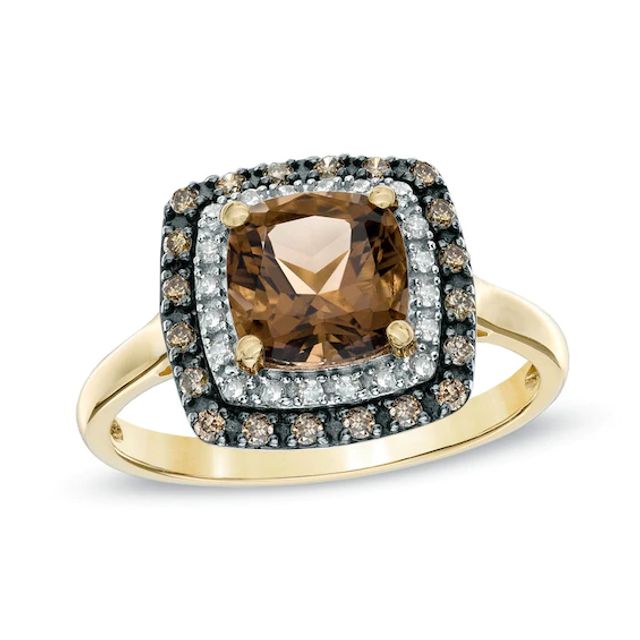 7.0mm Cushion-Cut Smoky Quartz and 1/5 CT. T.w. Enhanced Champagne and White Diamond Ring in 10K Gold