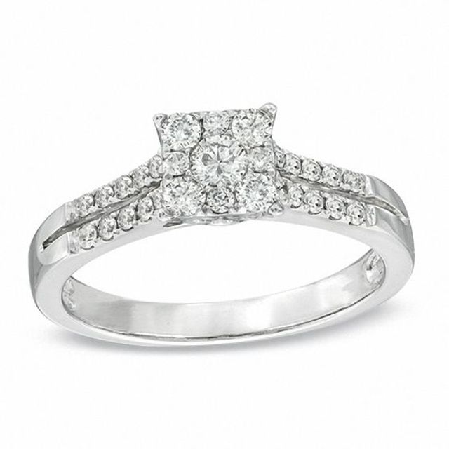 1/2 CT. T.w. Diamond Square Cluster Engagement Ring in 14K White Gold