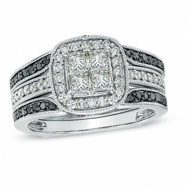 1 CT. T.w. Princess-Cut Quad Diamond Frame Bridal Set in 14K White Gold