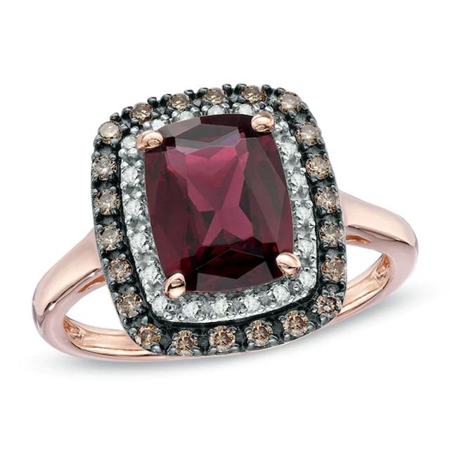 Cushion-Cut Garnet and 1/4 CT. T.w. Enhanced Champagne and White Diamond Ring in 10K Rose Gold