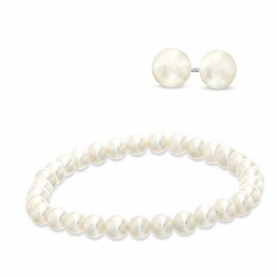 6.0-8.0mm Freshwater Cultured Pearl Strand Bracelet and Earrings Set