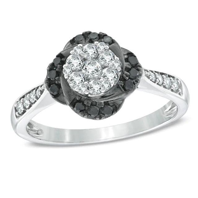 1/2 CT. T.w. Enhanced Black and White Diamond Flower Frame Ring in 10K White Gold