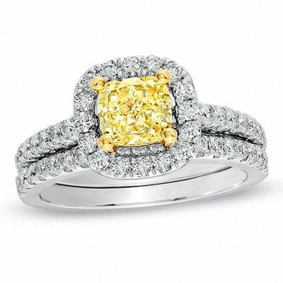2 CT. T.w. Certified Yellow Princess-Cut Diamond Frame Bridal Set in 18K White Gold (M/Si2)
