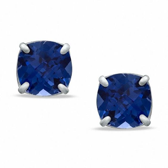 8.0mm Cushion-Cut Lab-Created Blue Sapphire Stud Earrings in Sterling Silver