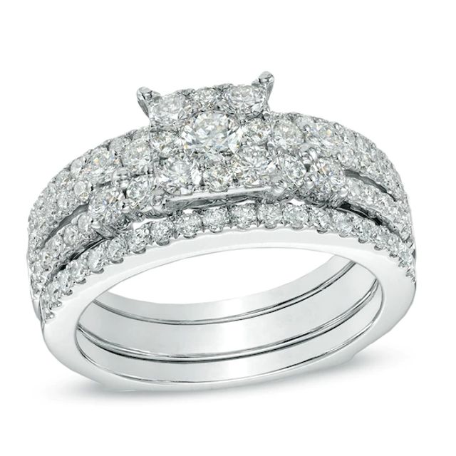 1-1/2 CT. T.w. Diamond Square Cluster Bridal Set in 14K White Gold