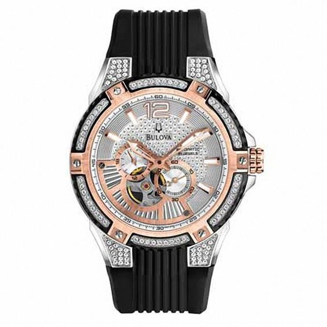Men's Bulova Automatic Crystal Accent Two-Tone Strap Watch with Silver-Tone Dial (Model: 98A129)