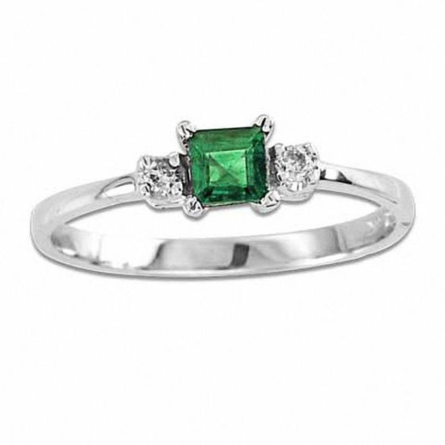 Princess-Cut Emerald and Diamond Accent Engagement Ring in 14K White Gold